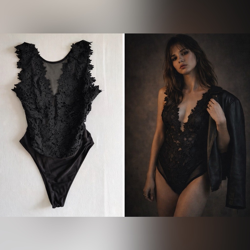 Black Lace Plunge Bodysuit - Women's Bodysuit
